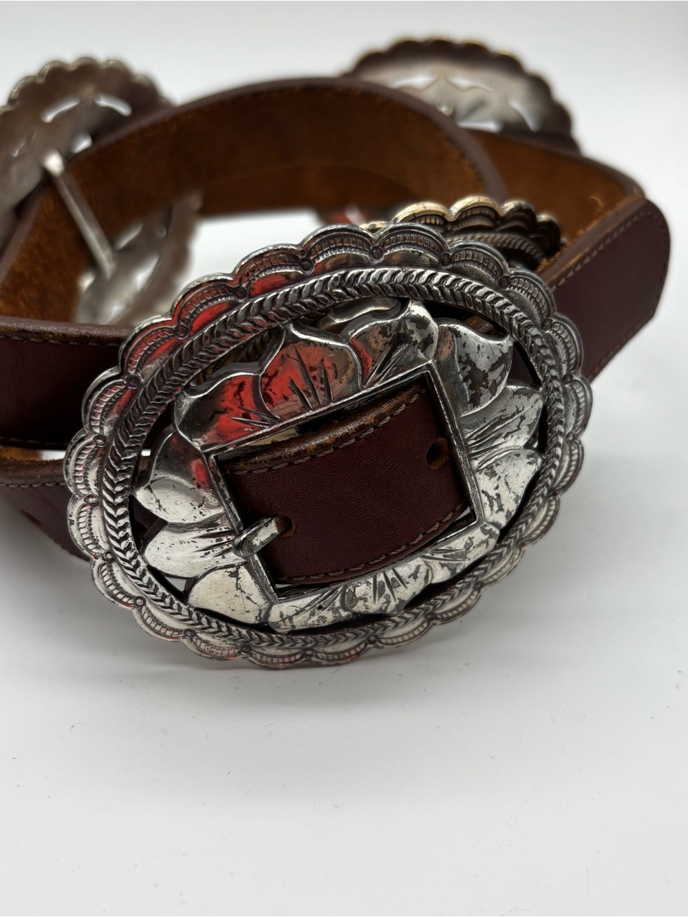Brighton VTG 1993 Sunflower Silver Leather Concho Belt 30"-34” Western Bohemian